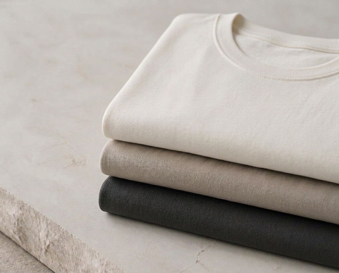 Folded organic cotton t-shirts in bone, sand and charcoal